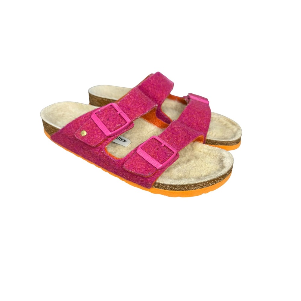 Birkenstock Arizona Shearling Pink Wool Felt Sandals Orange Sole Women 40 L9 M7